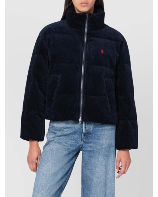 Polo Ralph Lauren Blue Corduroy Puffer Jacket High Collar