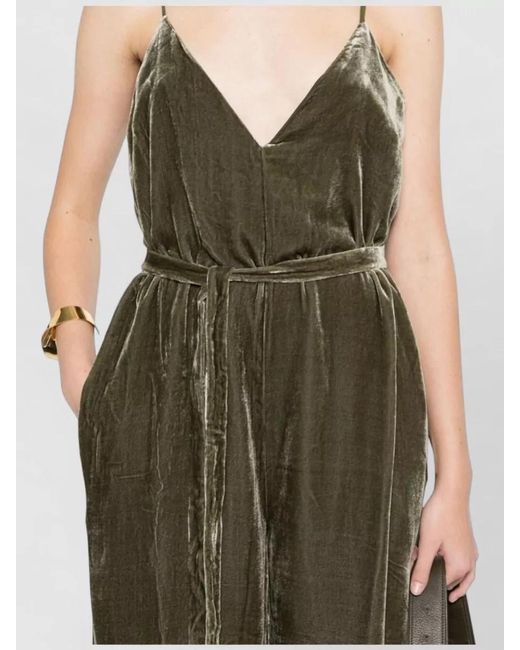 Gold Hawk Green Silk Velvet V-Neck Sleeveless Belted Wide-Leg Jumpsuit