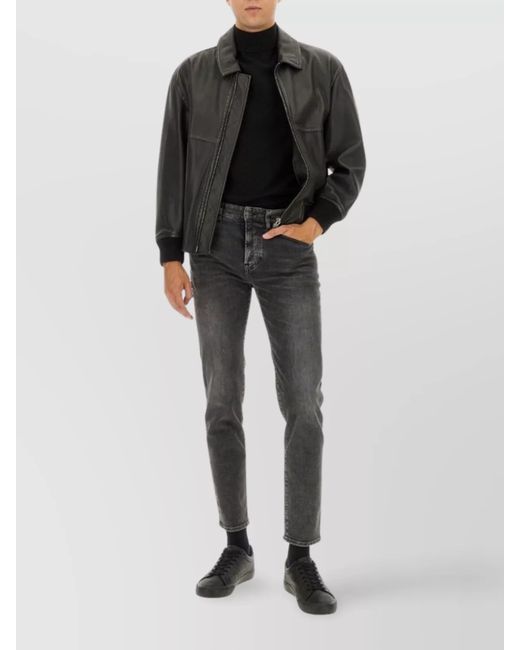 Boss Black Leather Jacket With Collared Design And Pockets for men