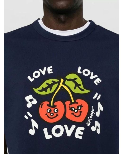 KENZO Blue T Shirt Cherry Graphic Front for men