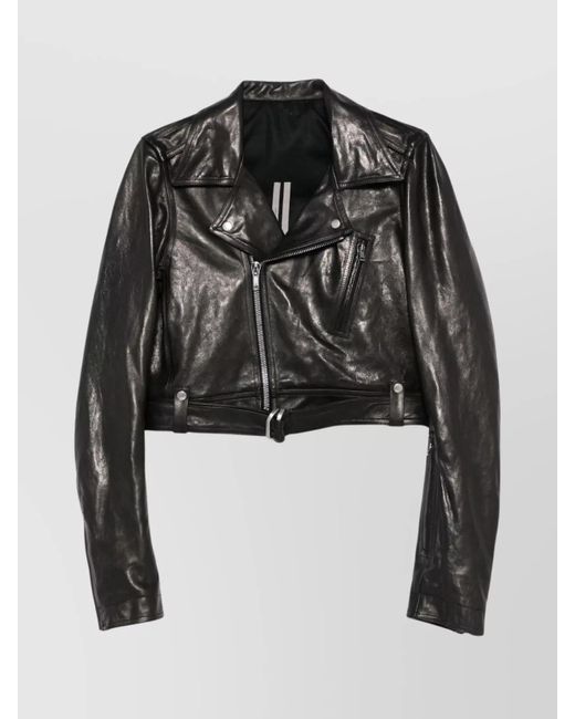 Rick Owens Black Cropped Leather Jacket Removable Belt