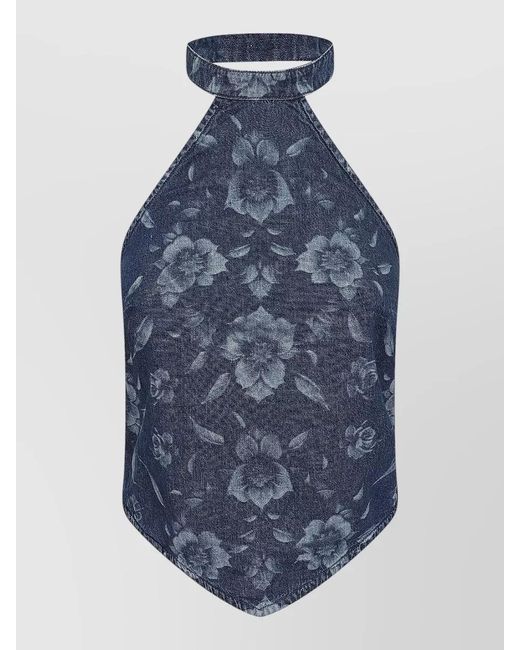 Pinko Blue Denim Halterneck Top Open Back Design