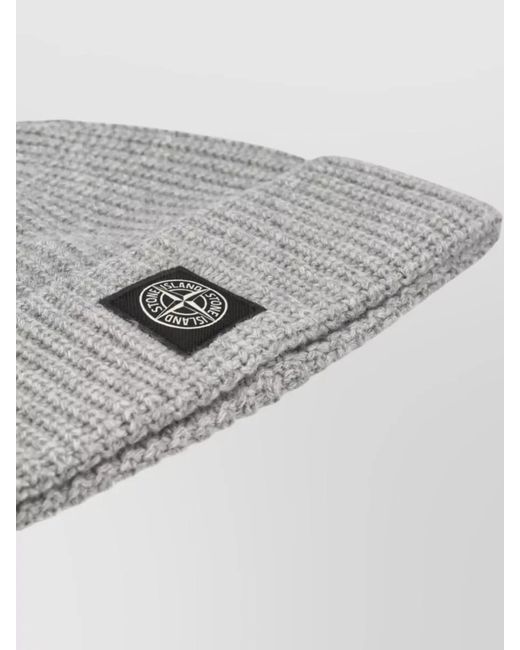 Stone Island Gray Logo Knit Beanie Hat Casual Cuff for men