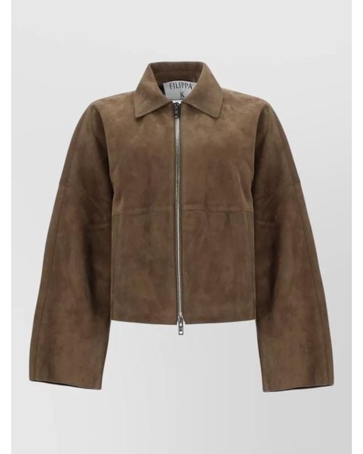 Filippa K Brown Coach Collared Oversized Suede Jacket Long Sleeves