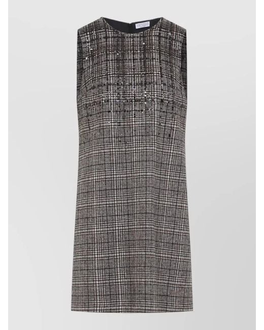 Brunello Cucinelli Gray Sequin Shift Mini Dress Prince Wales Check