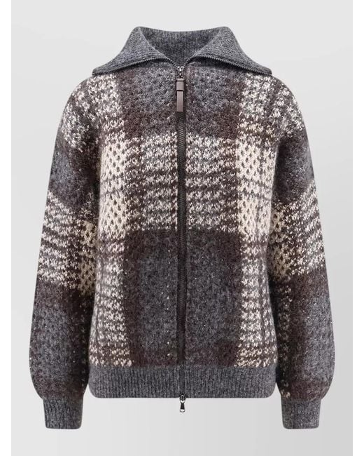 Brunello Cucinelli Gray Knit Cardigan Micro Sequin Embroidery Intarsia