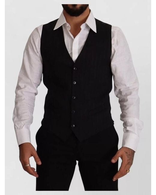 Dolce & Gabbana Black Striped Virgin Wool Waistcoat for men