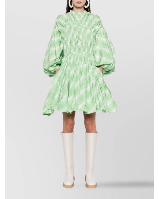 Jil Sander Green Plaid-Check Puff-Sleeve Mini Dress