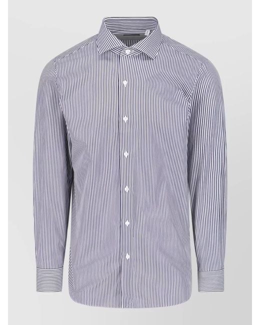 Finamore 1925 Blue Striped Button Down Collar Long Sleeve Shirt for men