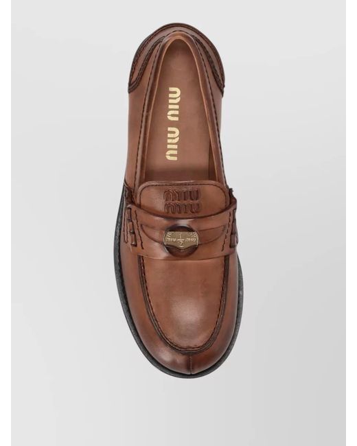 Miu Miu Brown Leather Penny Strap Loafers Round Toe