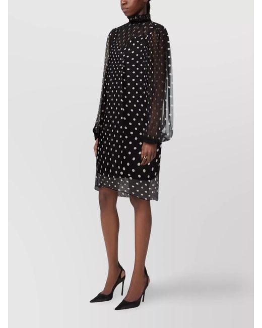 Nina Ricci Black Silk Polka-Dot High-Neck Ruffled Long-Sleeve Mini Dress