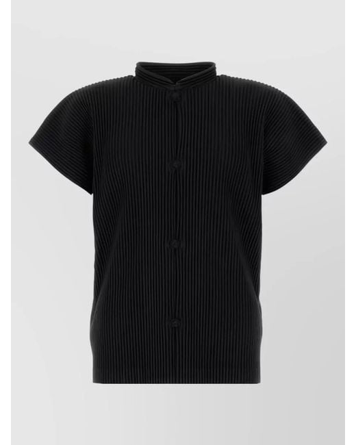 Homme Plissé Issey Miyake Black Polyester Shirt Button Detailing Ribbed Short Sleeves for men