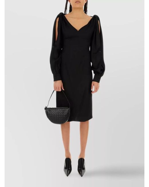Bottega Veneta Black Viscose V-Neck Long-Sleeve Midi Dress