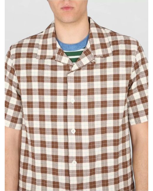 Howlin' By Morrison White Cotton Shirt Bowling Neck Checkered Short Sleeves for men