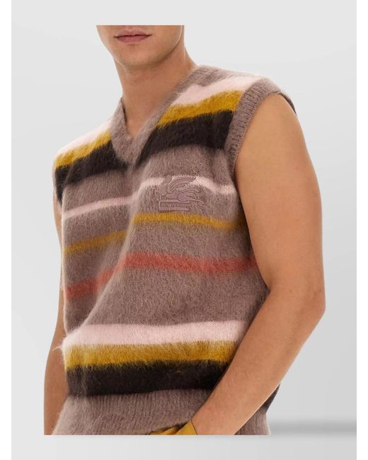 Etro Multicolor Mohair Wool Blend Ribbed V-Neck Striped Knitted Vest for men