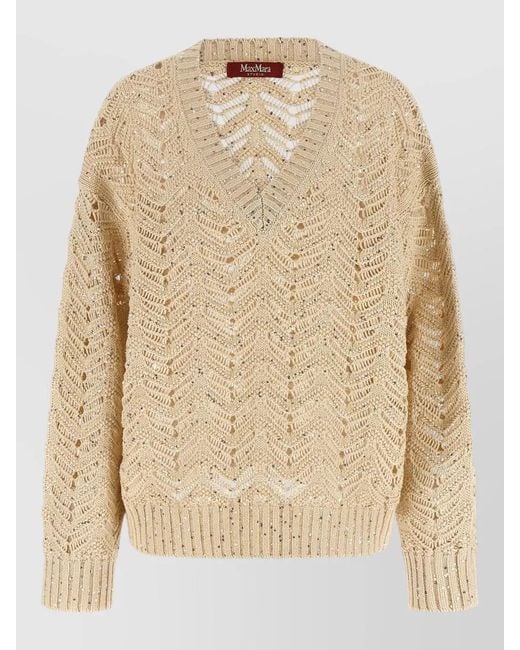 Max Mara Natural Felino Knit Top Long Sleeve V Neckline