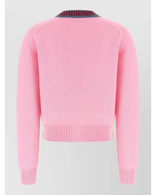 Versace Pink Cashmere Wool V-Neck Ribbed Cardigan