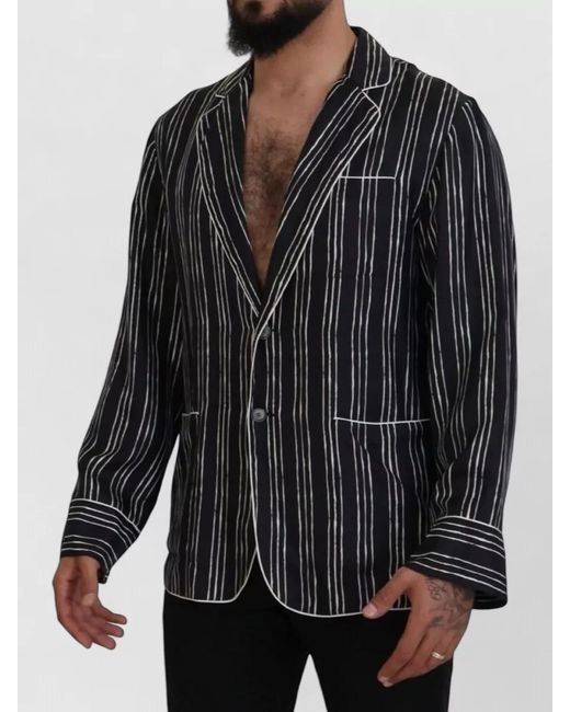Dolce & Gabbana Black Silk Striped Single-Breasted Blazer for men