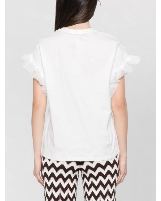 Twinset White Silk Blend Top Crew Neck Ruffle Sleeves