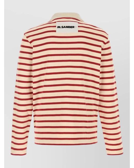 Jil Sander Red Cotton Polo Shirt Striped Knit Long Sleeves for men