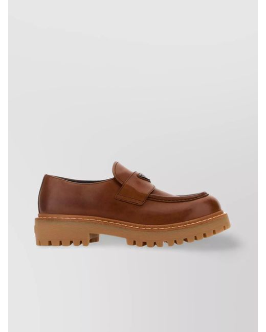 Prada Brown Leather Loafers With Chunky Sole And Round Toe