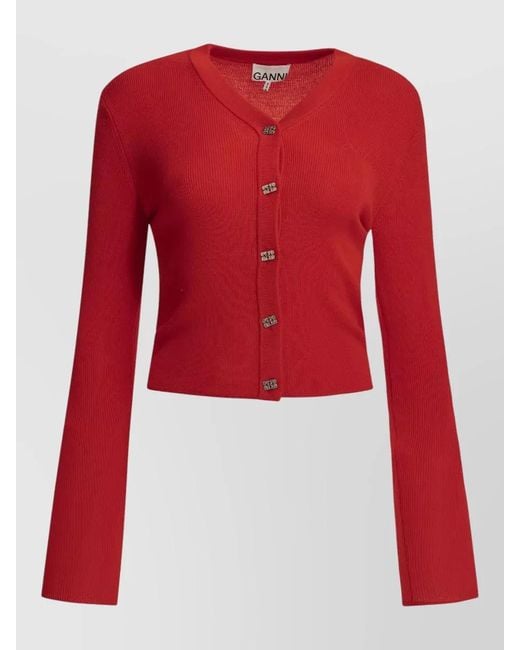 Ganni Red Merino Wool Cardigan Long Sleeves V Neckline