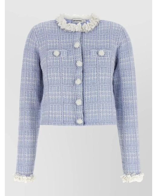 Self-Portrait Blue Silk Blend Checked Cropped Jacket