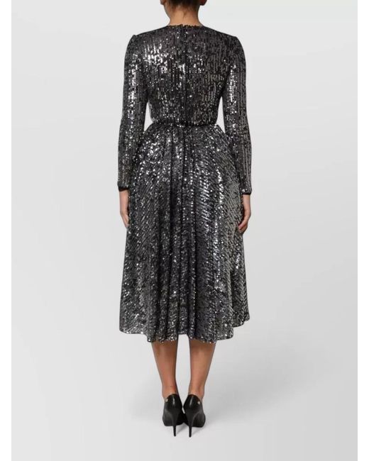 Dolce & Gabbana Gray Sequin Long-Sleeve Round-Neck Midi Dress