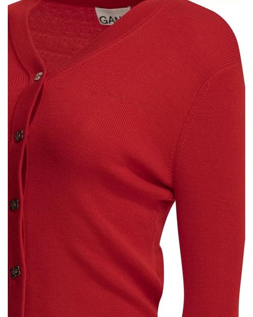 Ganni Red Merino Wool Cardigan Long Sleeves V Neckline