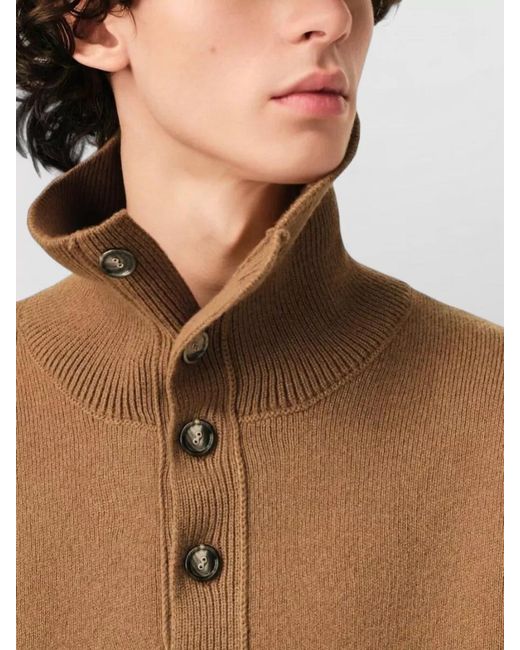 AMI Brown Wool High-Neck Classic-Fit Buttoned Sweater for men