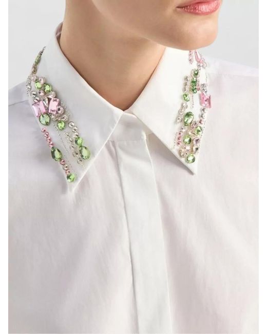 Genny White Shirt Featuring Jeweled Collar Long Sleeves