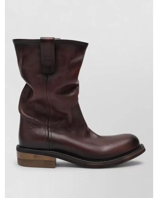 Miu Miu Brown Leather Boots Pull Tabs Round Toe