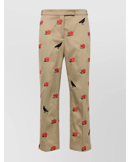 Thom Browne Natural Cotton Embroidered Mid-Rise Tapered Cropped Trousers
