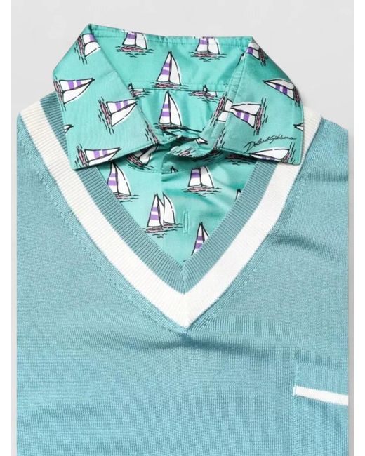 Dolce & Gabbana Green Knit Collared Short Sleeve V Neck Top for men