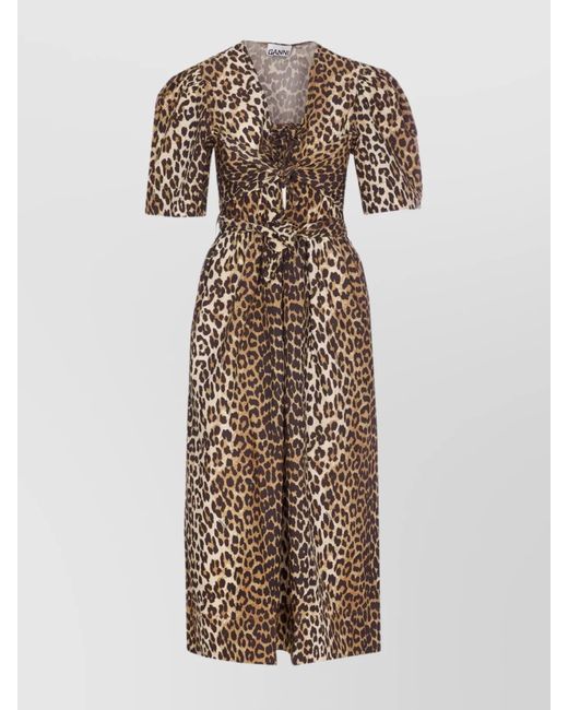 Ganni Natural Waist Belted V-Neck Midi Dress With Leopard Print