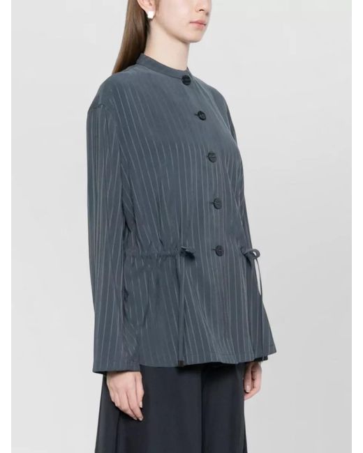 Emporio Armani Blue Pinstriped Mandarin Collar Suit Jacket