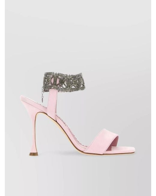 Manolo Blahnik Pink Suede Leather Jewel-Embellished Sandals