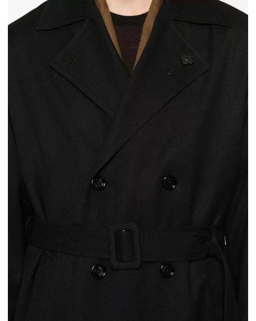 Lardini Black Wool Double-Breasted Belted Trench Coat for men
