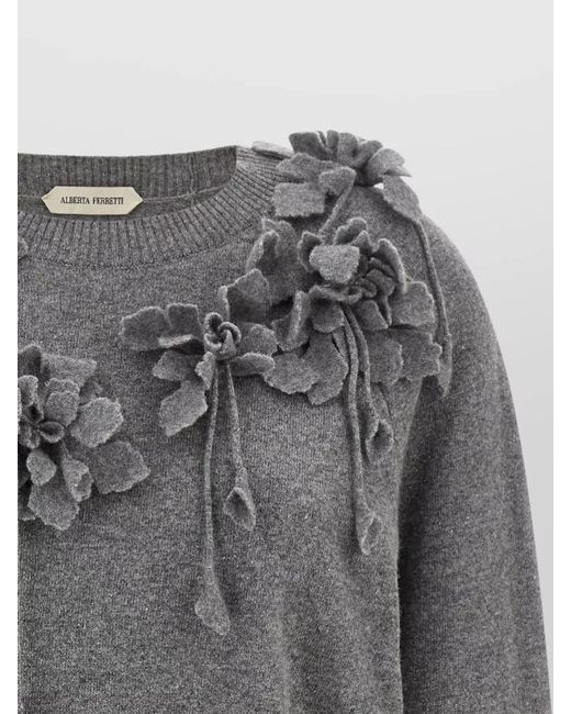 Alberta Ferretti Gray Crew Neck Sweater Floral Motif Design
