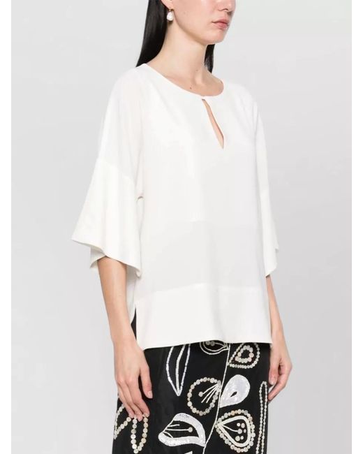 Alberto Biani White Cady Blouse Drop Shoulder Keyhole Detail
