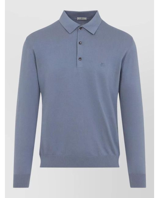 Etro Blue Knitted Long Sleeve Cotton Polo Shirt for men
