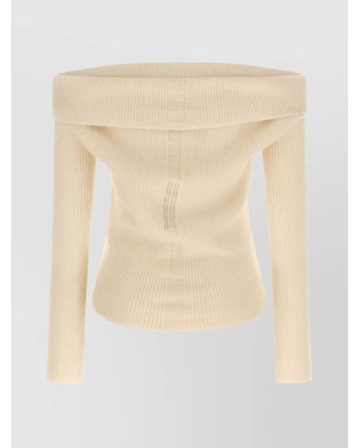Rick Owens Natural Wool Ribbed Off-Shoulder Long-Sleeve Knitted Top
