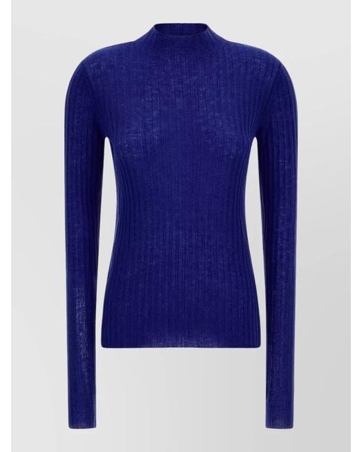 Pinko Blue Wool Ribbed Mock Neck Sweater