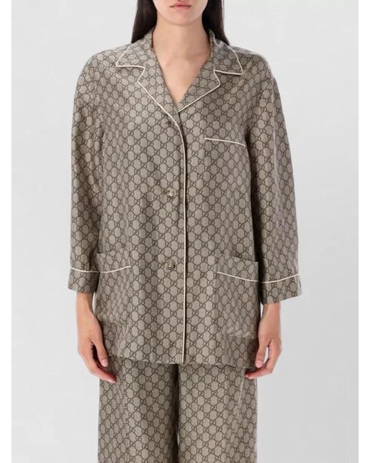 Gucci Gray Gg Supreme Silk Long Sleeve Pajama Top