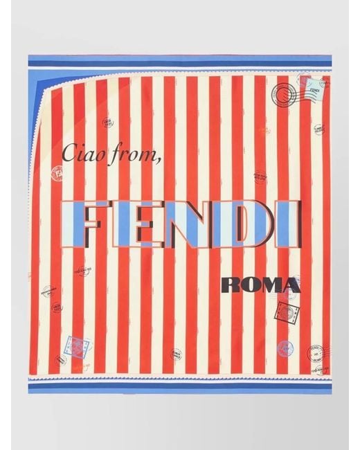 Fendi Red Pequin Postcard Silk Square Foulard