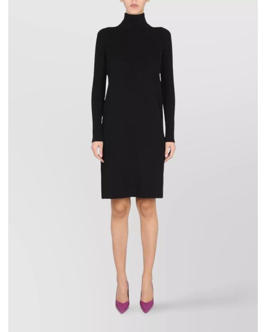 Bottega Veneta Black Ribbed Knit High-Neck Knee-Length Dress