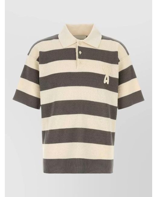 AMI Natural Cotton Polo Shirt Embroidered Striped Collar for men