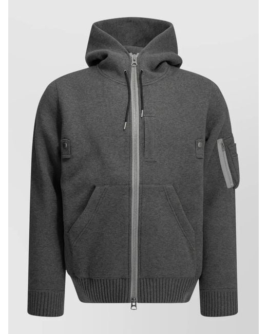Sacai Gray Hooded Zip Sweatshirt Regular Fit Pockets for men