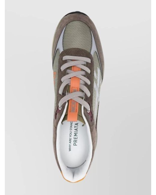 Premiata White Leather Suede Paneled Low-Top Sneakers for men