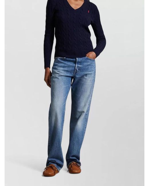 Polo Ralph Lauren Blue Wool Cashmere Cable-Knit V-Neck Long-Sleeve Sweater